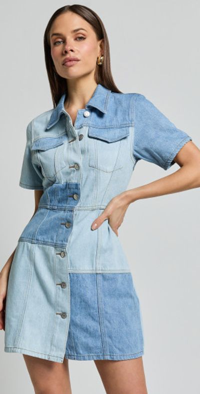Showpo - Gladys Mini Dress - Short Sleeve Patchwork Denim Dress in Multi Showpo - Gladys Mini Dress - Short Sleeve Patchwork Denim Dress in Multi