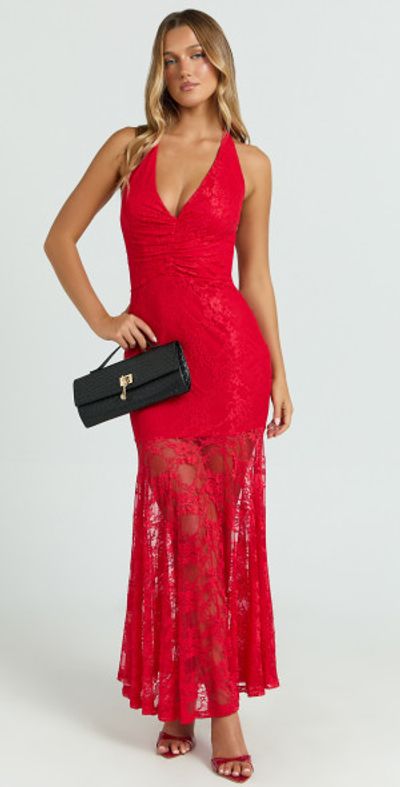 Showpo - Hance Midi Dress - V-neck Lace Open Back Dress in Red