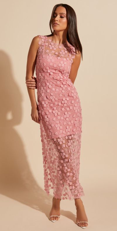 Showpo - Hazel Midi Dress - 3D Flower Net Bodycon Dress in Pink