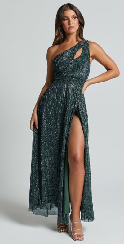Showpo - Isra Maxi Dress - Lurex Slit Cut Out One Shoulder Dress in Emerald