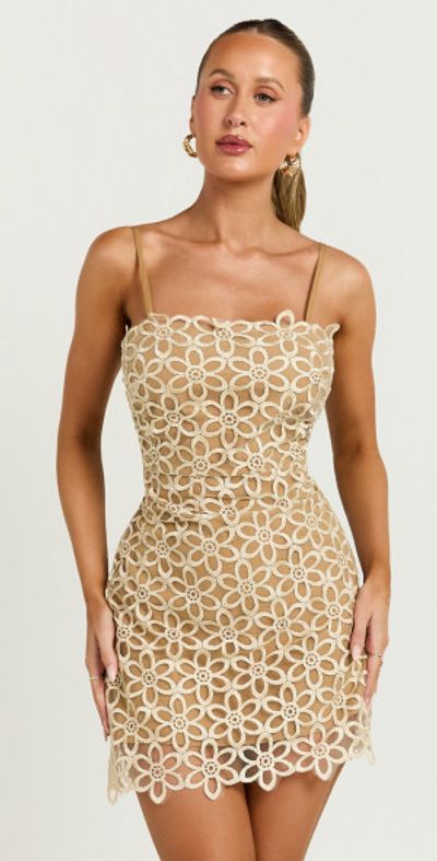 Showpo - Ivy Mini Dress - Strappy Straight Neck Lace Detail Dress in Natural
