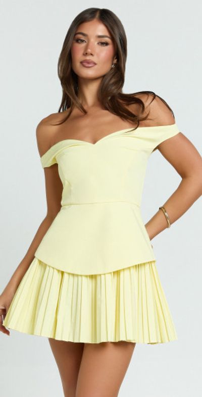 Showpo - Izara Mini Dress - Off Shoulder Pleated Dress in Lemon