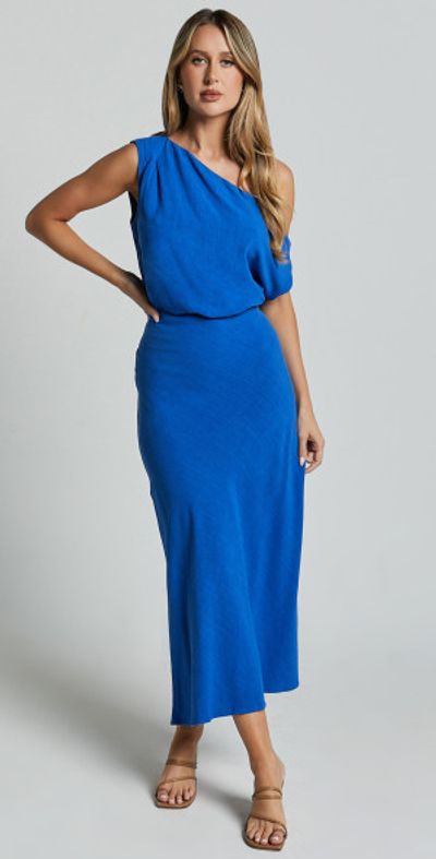 Showpo Jacqueline Midi Dress Linen Look One Shoulder Dress in