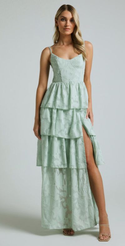 Showpo - Janezkie Midi Dress - Femme Tiered Jacquard Formal Dress in Mint Showpo - Janezkie Midi Dress - Femme Tiered Jacquard Formal Dress in Mint