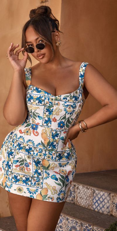 Showpo Janice Mini Dress Square Neckline Dress in Positano Print