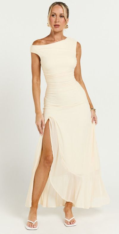 knee length dresses for ladies Floating By Plunging Neckline Mesh Overlay Midi Dress White main image 1