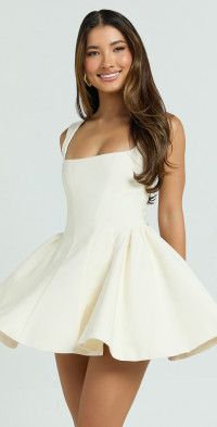 Kailee Mini Dress - Wide Strap Square Neck Fit And Flare Tulip Dress in Cream