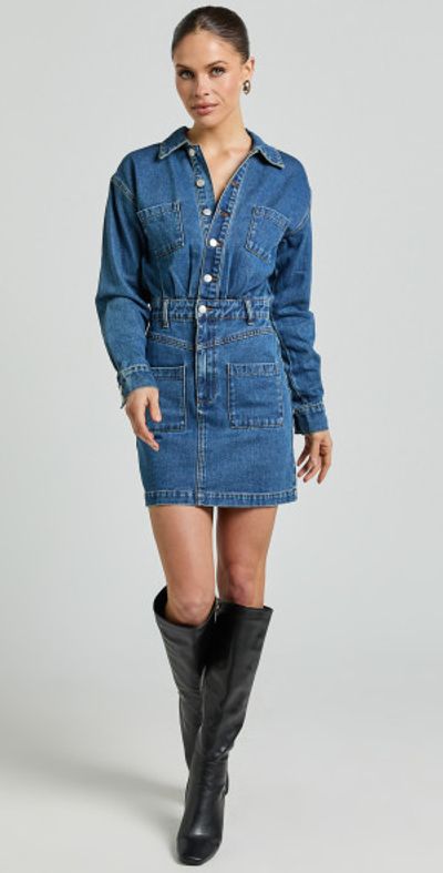 Showpo - Kamala Mini Dress - Long Sleeve Button Through Denim Dress in Dark  Blue Wash