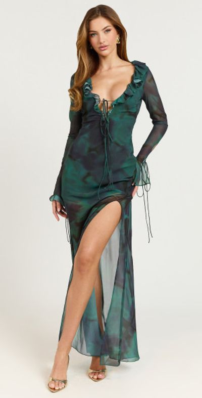 Showpo - Katie Maxi Dress - Ruffle Plunge Neck Long Sleeve Dress in Green