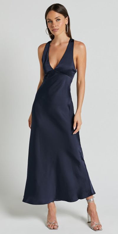 Showpo Khalani Midi Dress Deep V Neck Satin Slip Dress in Navy