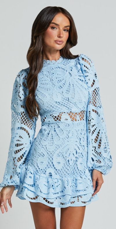 Showpo - Kiss Me Now Mini Dress - Long Puff Sleeve Dress in Soft Blue