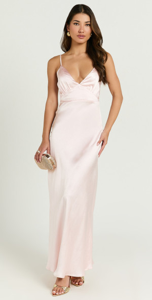 Lorenzia Maxi Dress - Plunge Corset Underbust Detail Satin Dress in Lemon main image 1