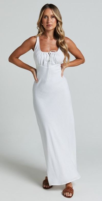 Showpo - Lucas Midi Dress - Ruched Bust Linen Look Dress in White