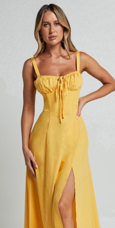 Showpo - Maiya Midi Dress - Tie Front Fitted Bodice Dress in Pineapple Showpo - Maiya Midi Dress - Tie Front Fitted Bodice Dress in Pineapple