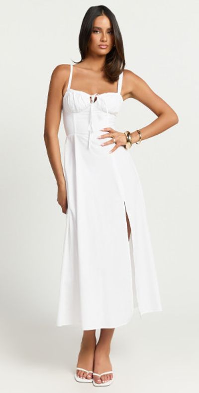 slim fit dress slacks White Satin Strapless Midi Dress by Nox Anabel E203W – ABC Fashion main image 1