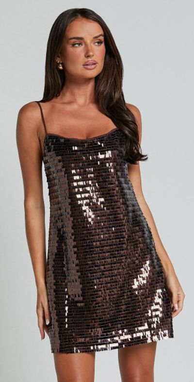 Showpo - Marleen Mini Dress - Strappy Low Back Sequin Dress in Chocolate Showpo - Marleen Mini Dress - Strappy Low Back Sequin Dress in Chocolate