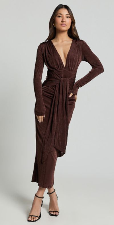 Showpo - Melanie Midi Dress - Plunge Long Sleeve Tie Front Dress in  Chocolate
