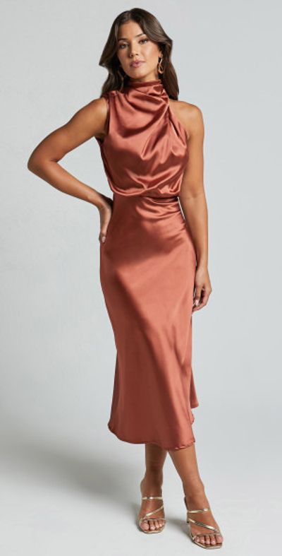 Showpo - Minnie Midi Dress - Drape Neck Satin Slip Dress in Copper