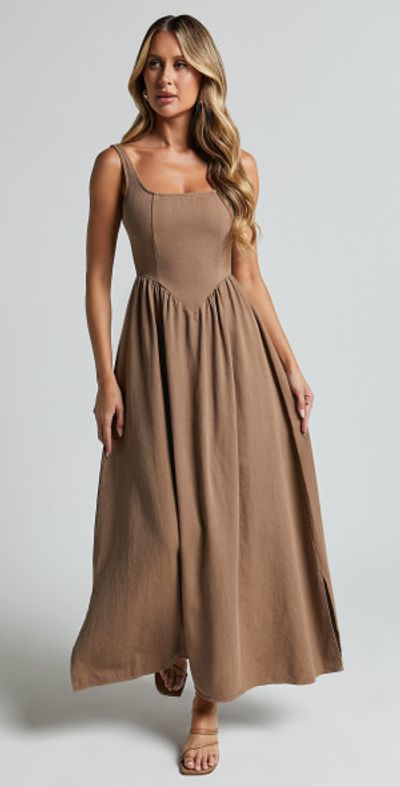 Showpo - Rhaziya Midi Dress - Sleeveless Straight Neck Fit and Flare Dress in Tobacco Showpo - Rhaziya Midi Dress - Sleeveless Straight Neck Fit and Flare Dress in Tobacco