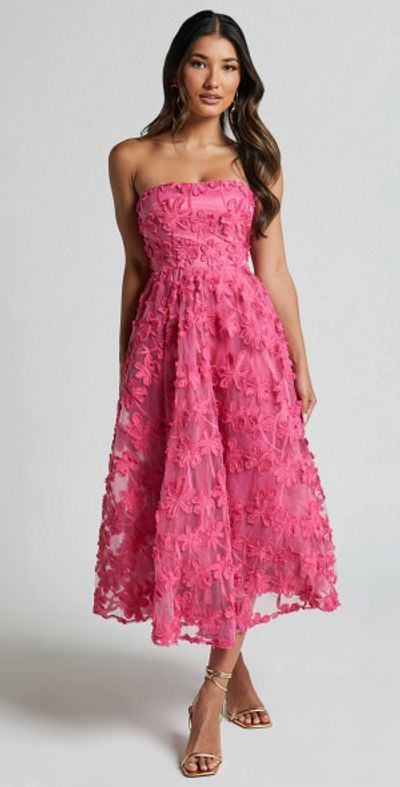 Showpo - Rheiva Midi Dress - Strapless 3D Embroidery Midi Dress in Pink