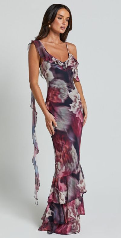 asymmetric multi strap ruffle detail maxi dress in dark mauve Showpo - Riley Full-Sizes-Spring Vintage 90s Jayne Copeland Size:17.5 US (44 EU) store folded to preserve