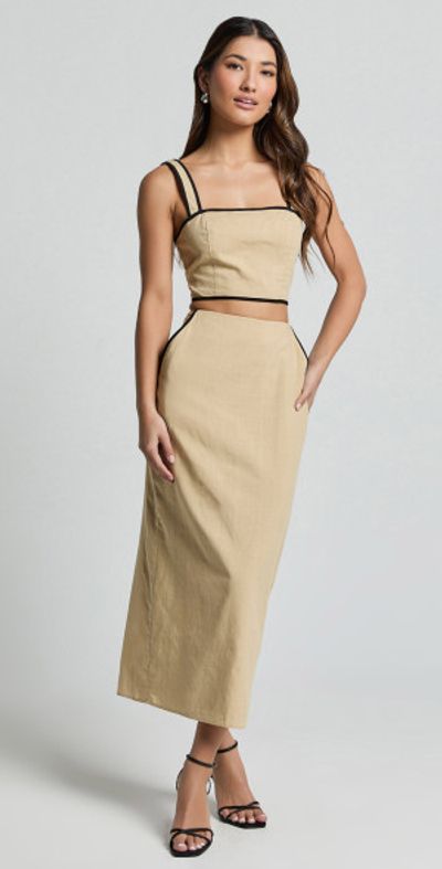 Showpo Rita Two Piece Set Linen Look Contrast Crop Top and