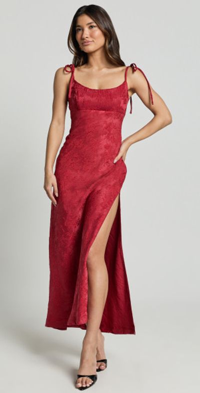 Showpo - Romarie Maxi Dress - Tie Shoulder Backless Jacquard Dress in Red