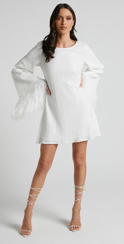 Showpo - Rowella Mini Dress - Faux Feather Bell Sleeve Dress in White Showpo - Rowella Mini Dress - Faux Feather Bell Sleeve Dress in White