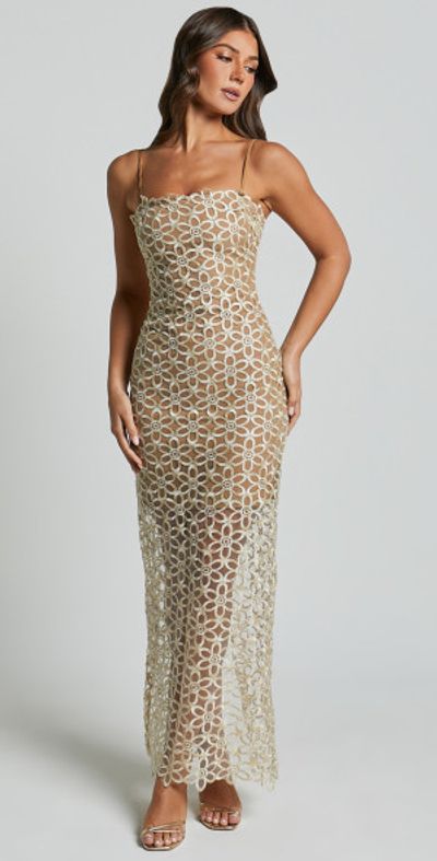 Showpo - Ruth Midi Dress - Strappy Straight Neck Slip Dress in Natural