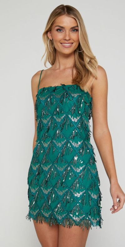 knee length dresses for ladies Cowl Neck Emerald Green Sequin Mini Homecoming Dress – FancyVestido main image 0