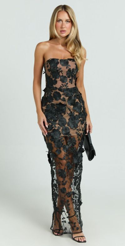 Showpo - Sienna Maxi Dress - 3D Floral Strapless Column Dress in Black