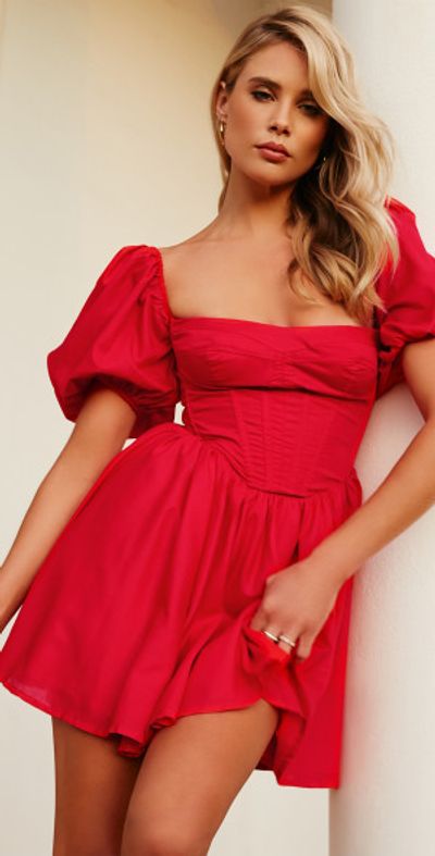 Showpo - Souza Mini Dress - Fit and Flare Puff Sleeve Corset Dress in Red