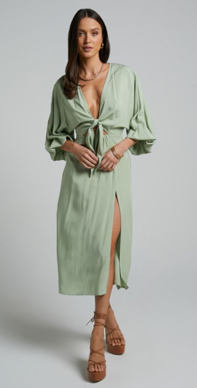 vivre mini dress green floral Sarla Twist-Front Long-Sleeve Mini Dress in Sage Green main image 0