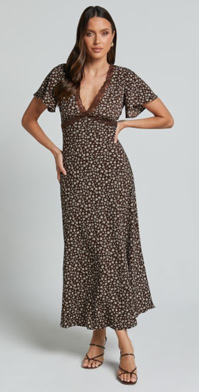 Showpo - Vanya Midi Dress - V Neck Short Sleeve Lace Trim Tie Back Slip  Dress in Chocolate