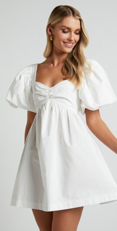 Showpo - Vashti Mini Dress - Puff Sleeve Sweetheart Dress in Off White