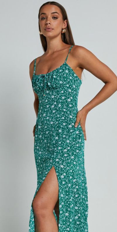 Showpo - Willa Midi Dress - Ruched Bust Thigh Split Dress in Green Floral