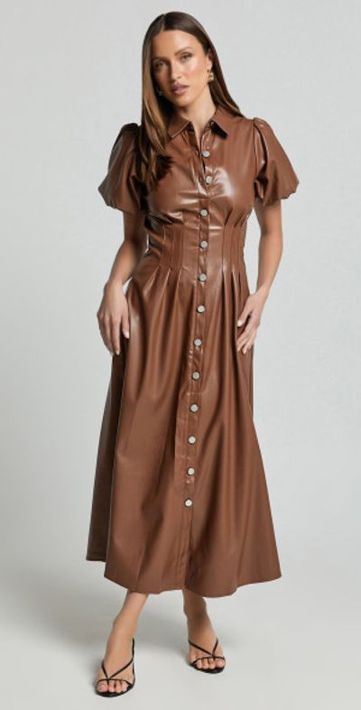 Showpo - Ziva Midi Dress - Short Puff Sleeve Button Through Dress in  Chocolate