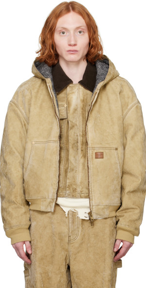 Alexander Wang - Tan Rounded Zip Front Hooded Faux-Suede Jacket