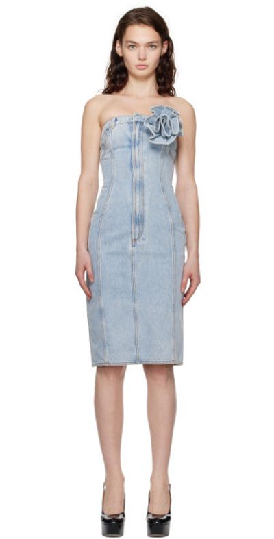 AREA AREA Blue Flower Corsage Strapless Denim Midi Dress
