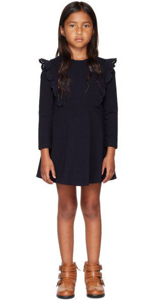 Chloé Girls Ruffle Sweater Dress in Navy