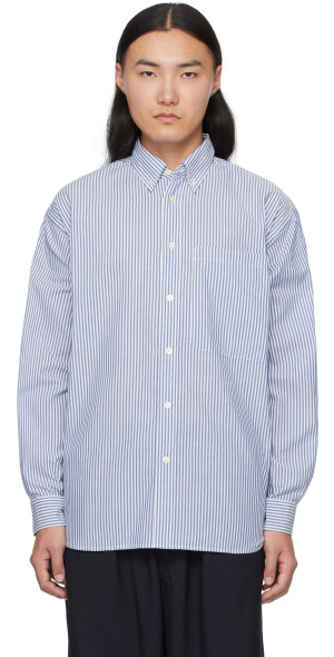DAIWA PIER39 - Blue & White Tech Button Down L/S Stripe Shirt
