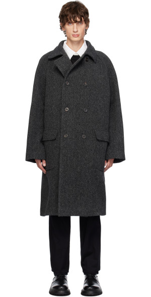 Drake's - Gray Herringbone Wool Double-Breasted Raglan Coat