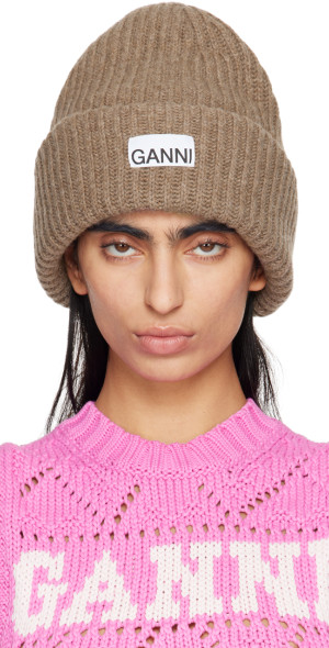 GANNI - Taupe Oversized Wool Rib Knit Beanie