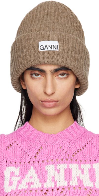 GANNI - Taupe Oversized Wool Rib Knit Beanie display picture 3