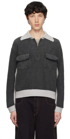 isaboulder towel twin pocket jacket青/グレー Isa Boulder - SSENSE Exclusive Gray Towell Twin Pocket Jacket