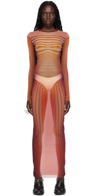 fitted lace wedding dress Jean Paul Gaultier Maroon Mesh Long Sleeve Midi Dress
