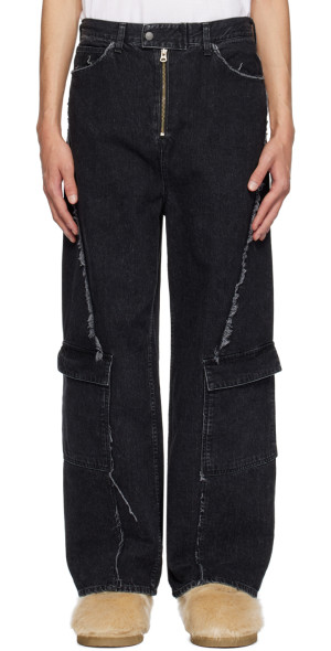 JieDa - Black Switching Denim Cargo Pants