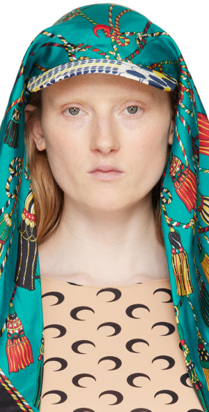 Marine Serre - Green & Navy Regenerated Silk Scarves Veiled Cap
