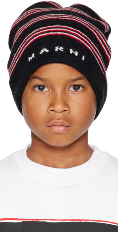 Marni - Kids Black Knit Wool Mix Stripes Beanie display picture 1