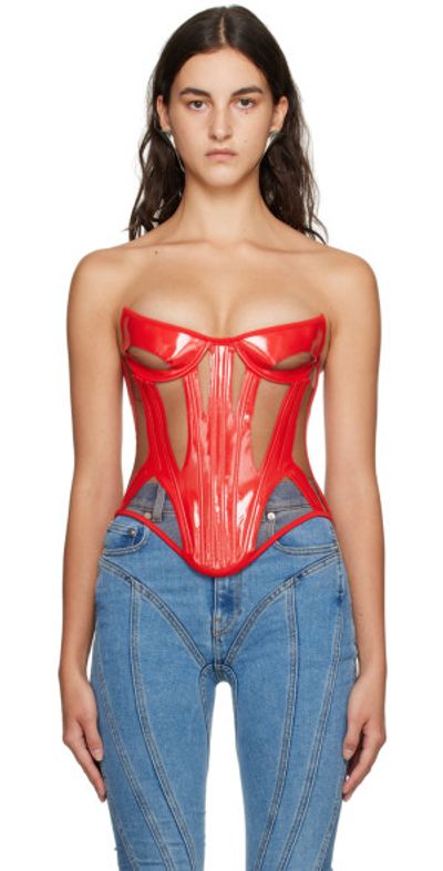 Mugler - Red Paneled Faux-Leather Corset